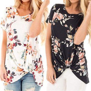 Women's Casual Floral Twist Knot Tunics Tops